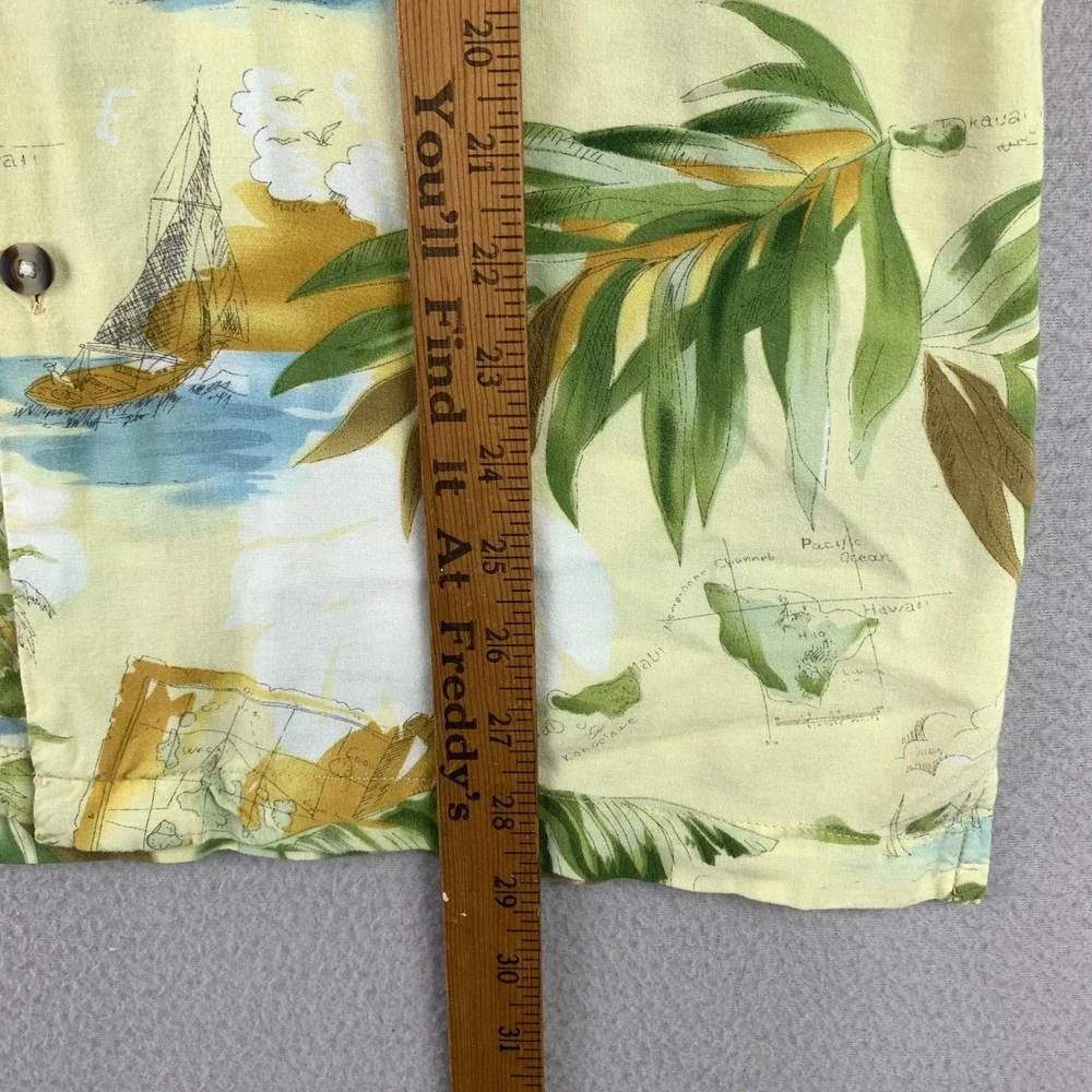 Caribbean Blues Aloha Shirt Mens Medium Yellow Tropical Map Rayon‎ Camp Hawaiian